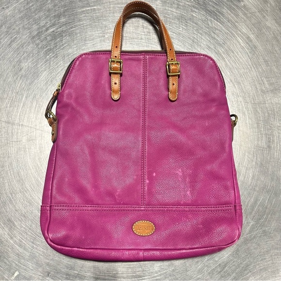 FOSSIL TAYLOR MAGENTA PURPLE+BROWN TRIM LEATHER CROSSBODY,TOTE,HAND BAG - Picture 1 of 9